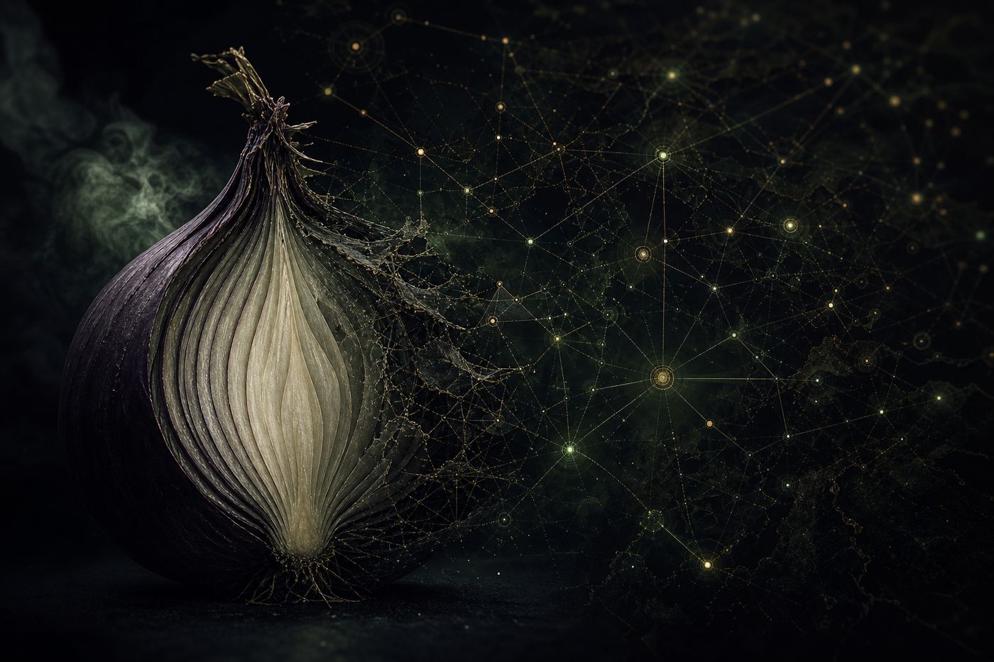 Cinematic Tor network constellation artwork for the DarkWiki homepage hero