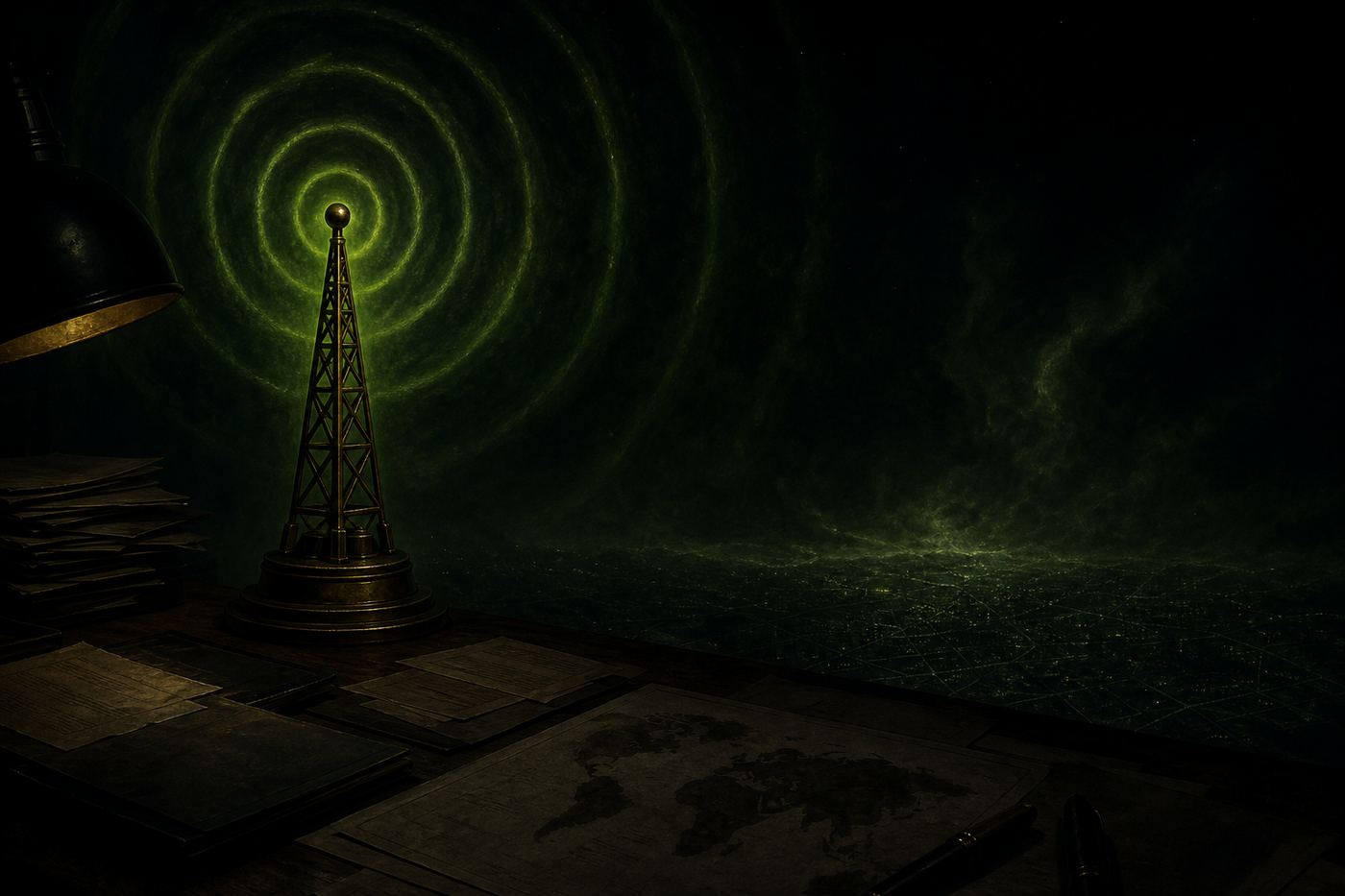 Dark newsroom signal artwork representing the news section